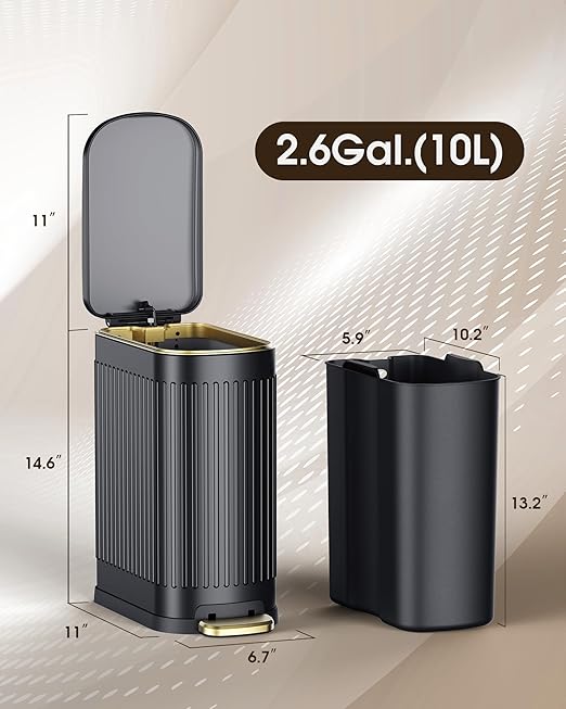CEROELDA Black Bathroom Trash Can with Lid-10L/2.6 Gallon Stainless Steel Step Slim Garbage Can-Rectangle Pedal Trash Bin for Narrow Office, Kitchen, Bedroom, Toilet-Soft Close
