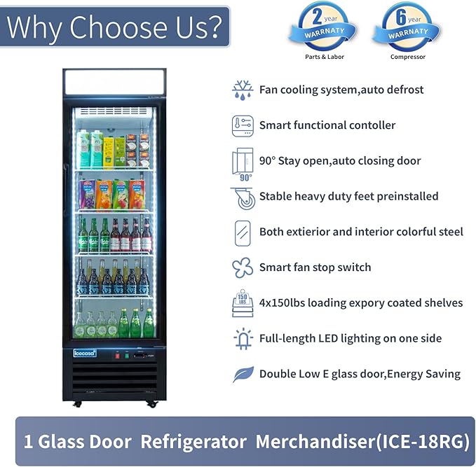 ICECASA 24" W Merchandiser Commercial Display Refrigerator Single Glass Door Reach-in 18 Cu.ft Display Refrigerator Fan Cooling for Restuarant, Bar, Shop, etc