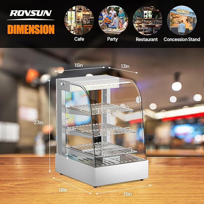ROVSUN 15" Commercial Food Warmer Display Pizza Warmer, 3-Tier Electric Countertop Food Warmer w/LED Lighting Adjustable Removable Shelves Glass Door, Pretzel Warmer for Buffet Restaurant, Silver