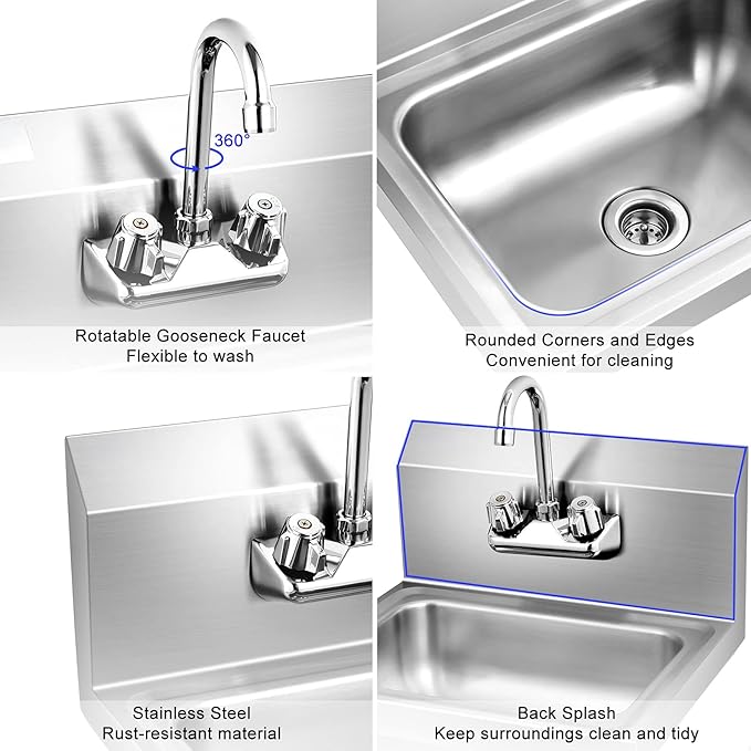 Giantex Stainless Steel Hand Washing Sink, Commercial Sink with Faucet, Strainer, Back Splash, Commercial Wall Mount Hand Basin for Restraunt, Bar, Store, 17" x 15"