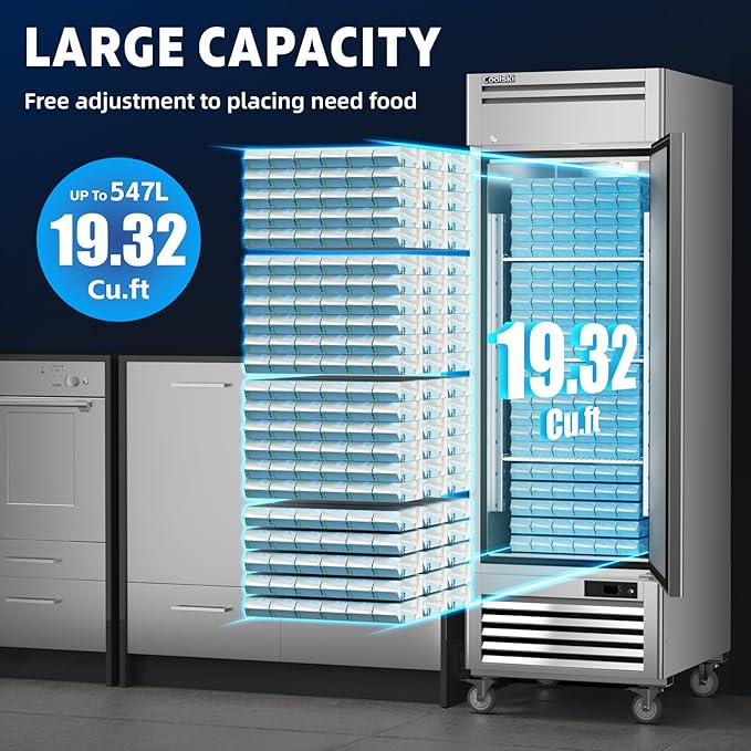 Coolski 19.32 Cu.ft Commercial Freezer Single Solid Door, Upright Reach-in 27" W Stainless Steel Freezer Fan Cooling for Restuarant, Bar, Shop, Garage, -13℉~-5℉, 4 Shelves