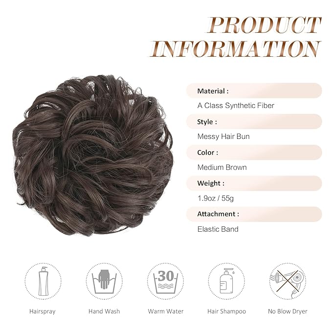 FESHFEN Large Messy Bun Hair Piece - Wavy Synthetic Chignon Scrunchies Elastic Ponytail Hair Extensions Thick Hairpieces for Women, Dark Brown 1.94oz