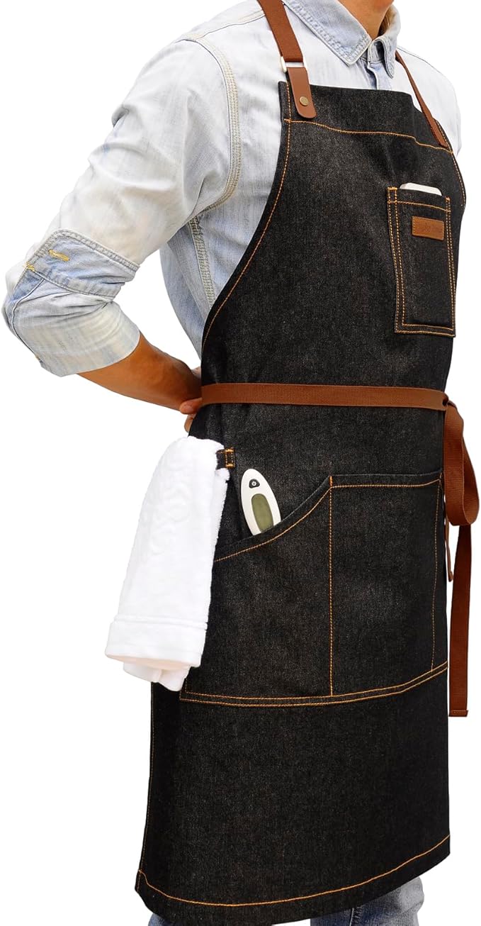 Apron with Pockets, Mens Womens Chef Bib Apron for Kitchen Cooking Grill BBQ Baking Server with Towel Loop