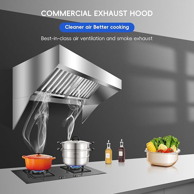 8FT Commercial Kitchen Exhaust Hood, Wall Mount Stainless Steel Vent Hood with Detachable u-Shaped Grease Filters, Rust-Resistant Restaurant Range Hood for Food Truck Cooking Station Concession Traile