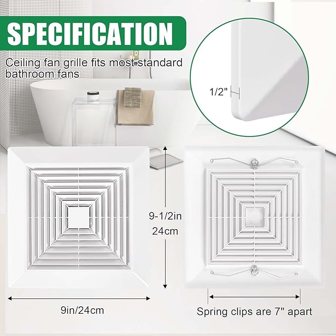 ( 1Piece 9" x 9"Inch Bathroom Exhaust Fan Cover with Spring, Square Ceiling or Wall Mounted Exhaust Fan, Ceiling Fan, Grille, Air Diffuser, Diverter Ventilation Hood, Replacement Accessories