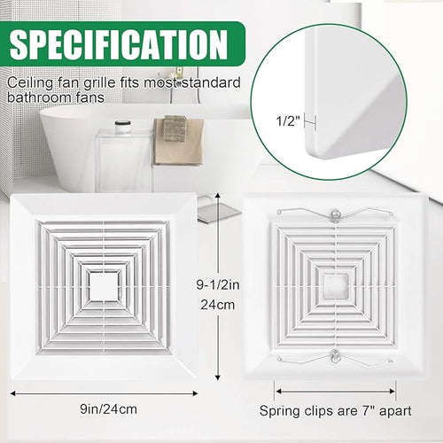 ( 1Piece 9" x 9"Inch Bathroom Exhaust Fan Cover with Spring, Square Ceiling or Wall Mounted Exhaust Fan, Ceiling Fan, Grille, Air Diffuser, Diverter Ventilation Hood, Replacement Accessories