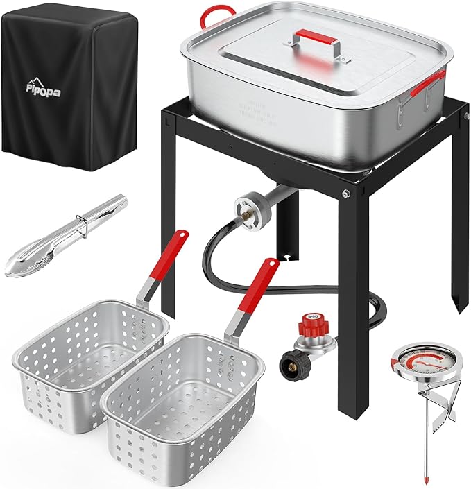 18QT Outdoor Propane Deep Fryer | Include 2 Baskets | Lid | 9" Fryer Tong | 6" Thermometer | Fish Fryer Pot with 50,000 BTU Propane Burner | Ideal for Fish, Chicken Wings & French Fries
