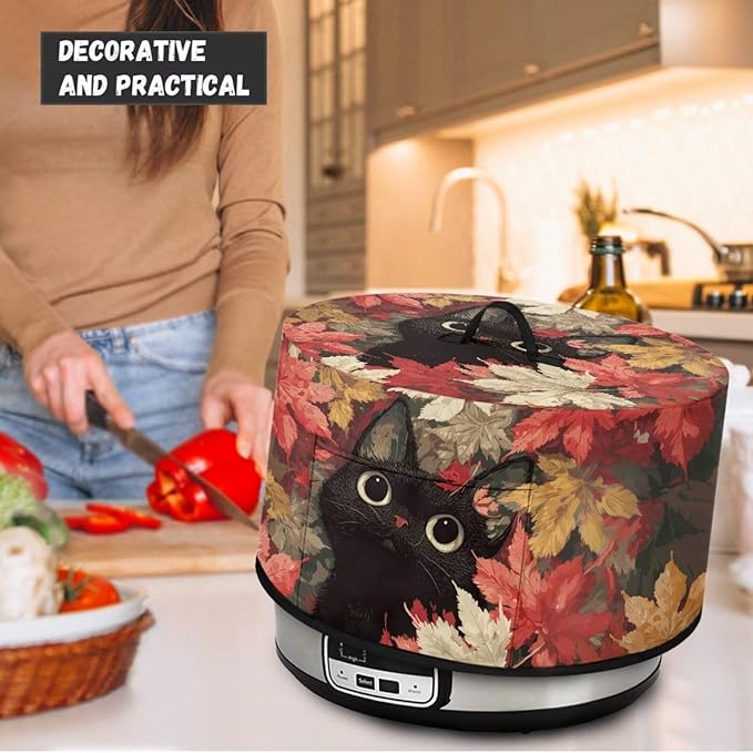 Black Cat Maple Leaf Print Slow Cooker Dust Cover Compatible with 6/7/8 Quart Slow Cooker Dust Proof Electric Slow Cooker Cover with Storage Pocket for Crock Pot Halloween Decor
