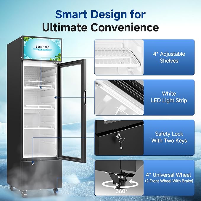 BODEGACOOLER Beverage Refrigerator and Cooler, 6.34 Cu. Ft Commercial Refrigerators for Drink, Beer, Tall Commercial Cooler for Beer, Soda, Single Door Display fridge
