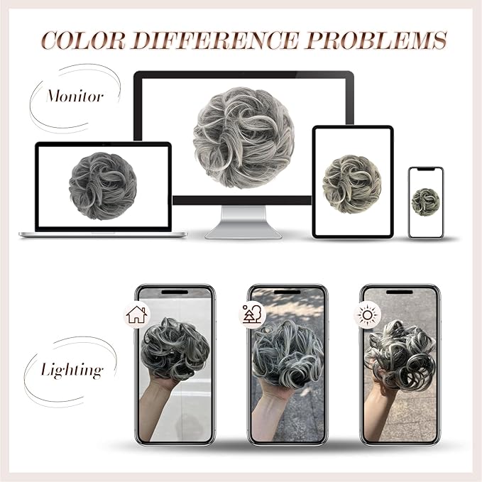 FESHFEN Messy Bun Hair Pieces - Large Wavy Curly Elastic Hair Bun Scrunchies Ponytail Extensions Synthetic Chignon Hairpieces for Women, Black Gray and White Tips 1.94oz