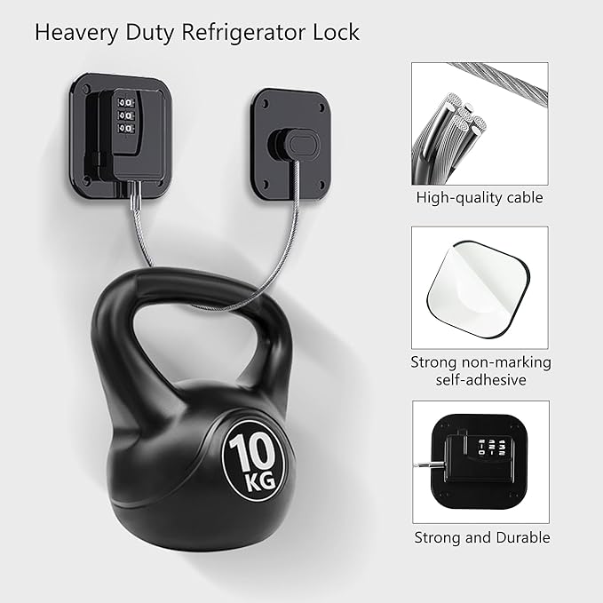 Refrigerator Lock, Heavy Duty Fridge Lock, Combination Lock for Refrigerator Cabinets, Drawers, Safety Lock, Easy Install No Keys Needed (Black-3Pack)