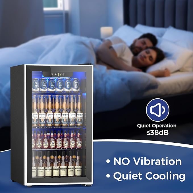 26 Bottle Wine Cooler 130 Can Beverage Refrigerator, Small Freestanding Cabinet Wine Cellar with 32℉-61℉ Temperature Control Glass Door, Black