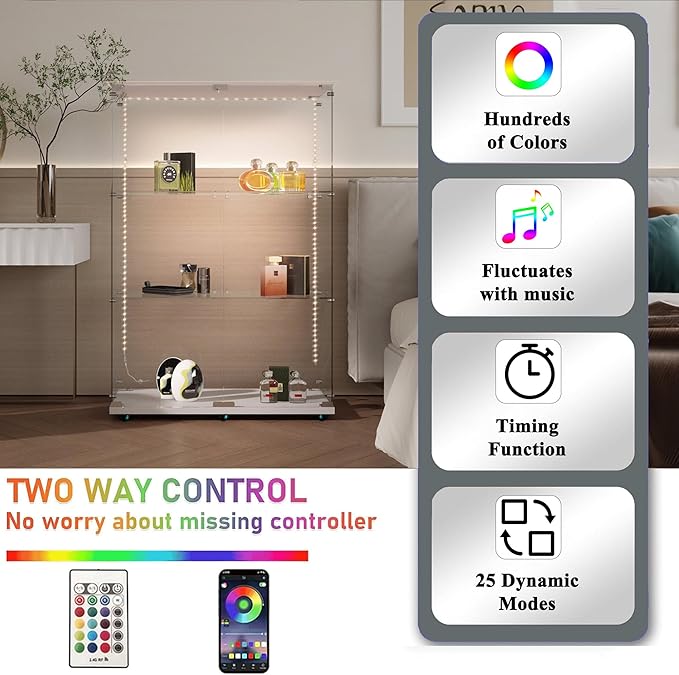 Glass Display Cabinet with LED Light Strip, 3 Shelves with 2 Doors, Glass Top Curio Storage Cabinets with Lock & Caster for Living Room,Floor Standing Bookshelf, Quick Installation - White