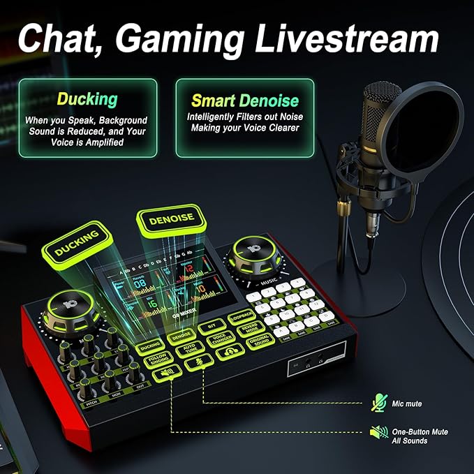 Audio Mixer, Sound Board for Pc/Phone Live Streaming Singing Gaming, Sound Mixer for 3.5/6.35mm Dynamic Microphone, Live Sound Card with DJ Mixer Effects & Voice Changer, Denoise, One Click Mute