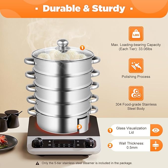5 Tier Stainless Steel Steamer Cooker, 26cm Steam Pot Kitchen Food Cooking + Glass Lid Meat Vegetable Cooking Steam Pot Kitchen Cookware Food Steamer for Home Kitchen