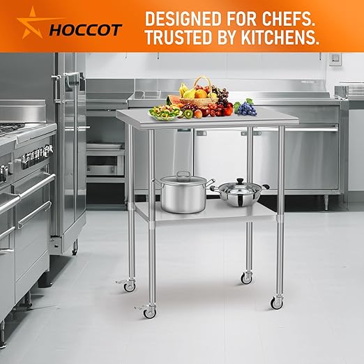 Stainless Steel Table with Wheels 24" x 30" Utility Worktable with Adjustable Undershelf for Commercial Kitchen, Garage, Restaurant