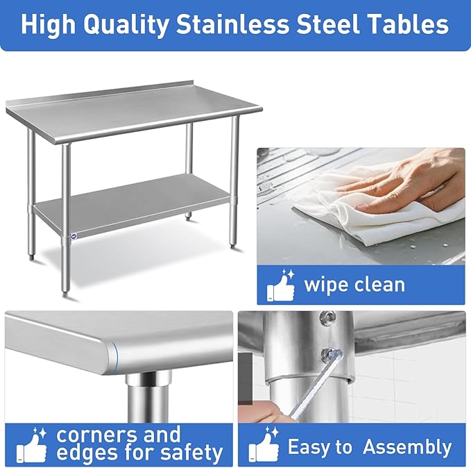 ROCKPOINT Stainless Steel Table for Prep & Work with Backsplash 30x60 Inches, NSF Metal Commercial Kitchen Heavy Duty Table with Adjustable Under Shelf and Table Foot for Restaurant, Home and Hotel