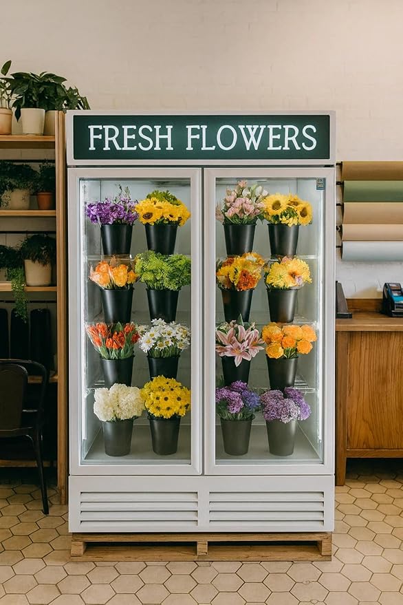 Commercial Flower Refrigerator Floral Display Cooler,White 2 Glass Doors Fridge With LED Light Adjustable Shelves,ETLSanitation Approval,42.5Cu Ft,47.2" Wide, Wheels Included