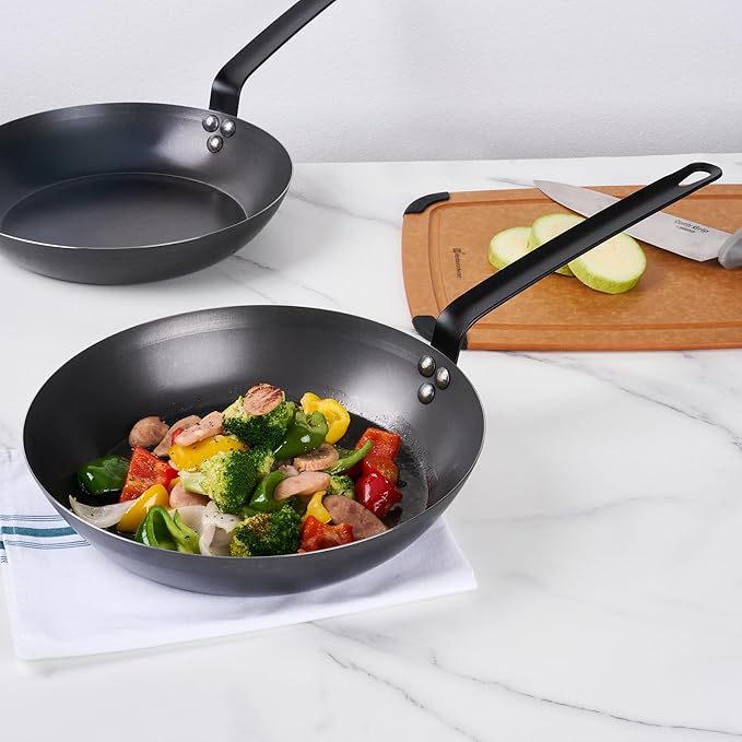 Met Lux 12 Inch Fry Pans, 6 Lightweight Frying Pans - Induction-Ready, Triple-Riveted, Black Carbon Steel Cooking Skillets, Durable, For Searing, Sauteing, And Browning Food - Restaurantware