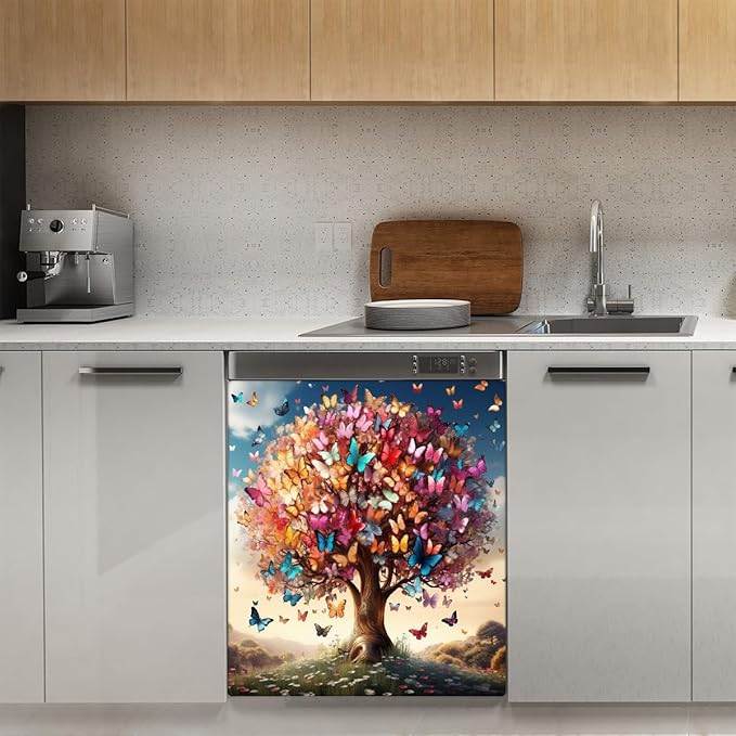 Spring Butterfly Tree Dishwasher Magnet Cover Animal Tree Butterfly Dishwasher Decorative Cover Front Dishwasher Door Cover Reuseable Dishwasher Cover for Kitchen Home Appliances 23" X 26"