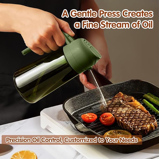 YARRAMATE 2Pcs 16oz/470ml Dark Green Oil Sprayer for Cooking with Stickers, Food-grade Premium 2 in 1 Olive Oil Dispenser Bottle for Kitchen Gadgets, Air Fryer, Salad, Frying, BBQ (Black&OliveGreen)