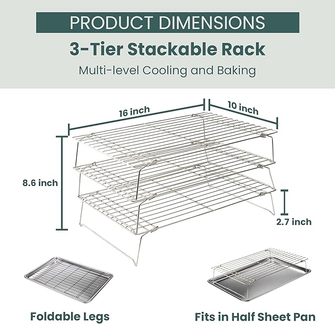 Ultra Cuisine Heavy Duty 3 Tiers Stackable, 16" x 10" Cooling Rack for Cooking and Baking - Professional Grade Premium 100% Stainless Steel Baking Rack & Wire Cooling Mesh - Dishwasher Safe - Pack 3