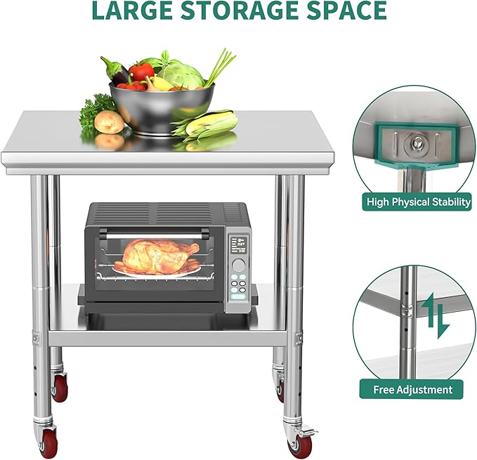 YITAHOME NSF Stainless Steel Table, 30" X 24" Work Table with Wheels, 2 Shelves Metal Prep Worktable for Home Kitchen Restaurant Garage Warehouse Outdoor