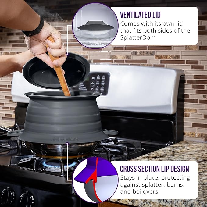 L.I.Q Silicone Splatter Guard – Fits 10 and 12 Inch Pots (25 and 30 Centimeters) – Microwave Safe and Durable SplatterDom - Includes 10” Lid - Food and Oil Splash Guard (Chic Metallic, Large)