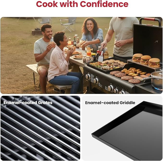 Propane Gas Griddle Grill Combo with Side Burner, Non-Stick Porcelain-Enameled Cast Iron Grate & Pan, 5 Burners Dual BBQ Grills, 702 SQ.IN Cooking Area, Heavy-Duty Stand for Backyard