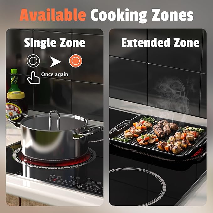 24 Inch Electric Cooktop 4 Burners, Pladeca 6600W Electric Stove Touch Control, 220-240V Built-in Radiant Stove Top with Safety Lock, Timer, Pause Control, Extended Zone, Hard Wire(No Plug)