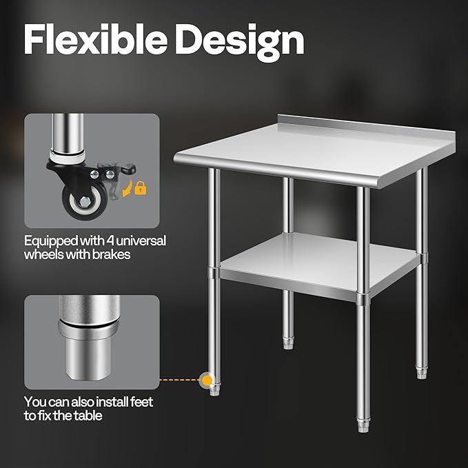 VIVOHOME 24 x 18 Inch Stainless Steel Work Table with Backsplash, Prep Commercial Table with Wheels for Restaurant, Hotel, Home and Warehouse