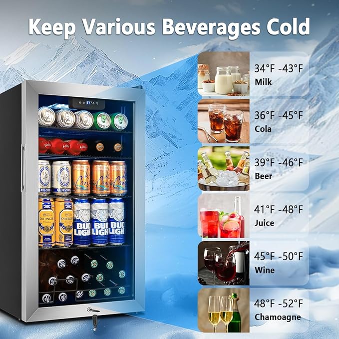 Tylza Beverage Refrigerator Cooler, 130 Cans 3.22 Cu.Ft Small Refrigerator with Low-E Glass Door, Lock, 17-Inch Beer Fridge for Drinks, Beer and Wine, Mini Fridge for Bedroom, Office and Bar, Silver