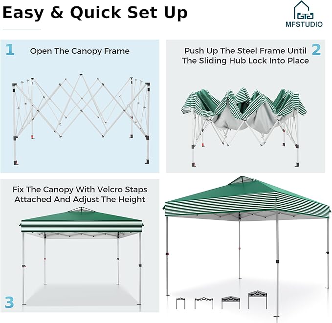 MFSTUDIO 10x10 Pop Up Canopy Tent, Gazebo Shelter Sun Shade Canopies Waterproof Patio Portable Popup Tents for Beach,Parties,Camping,100 Sq,Green Stripe