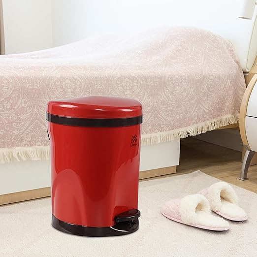 1.8 Gallon Plastic Round Step Trash Wastebasket with Lid, Small Bathroom Step Pedal Trash Can with Inner Bucket, Red