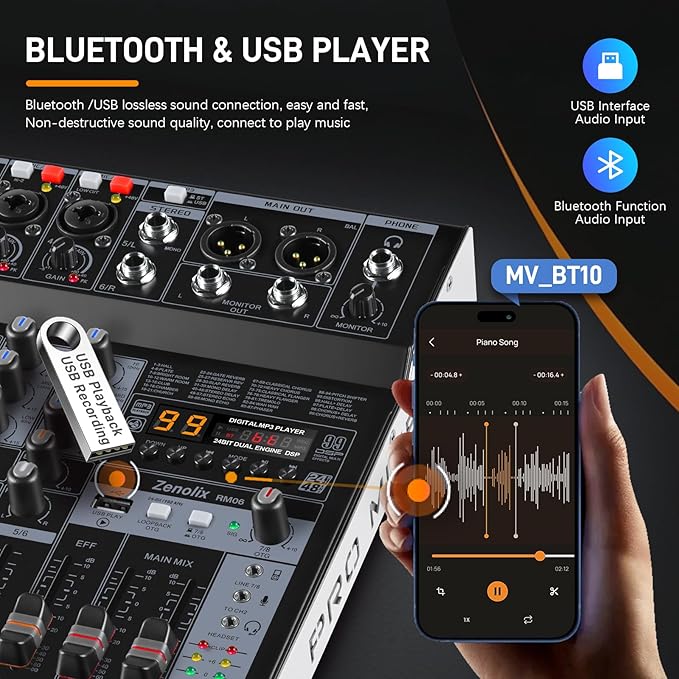 RM06 6Channel Audio Mixer Sound Board, Bluetooth Mixer USB Audio Interface, DJ Mixer with 2 XLR Combo Inputs, 24 Bit 192kHz Recording, Mixing Console for Podcast Live Streaming Home Studio