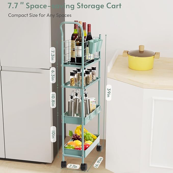danpinera Rolling Utility Cart with Wheels, 4 Tier 7.7'' Metal Rolling Narrow Storage Cart with Hooks and Hanging Cups on Wheels for Bathroom, Kitchen, Office and Small Spaces, Green