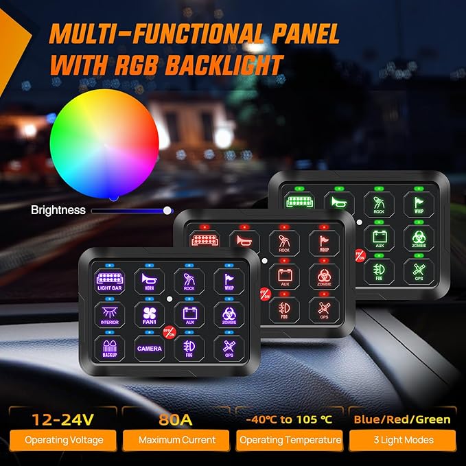 Nilight 12 Gang Switch Panel 12V 24V Universal Circuit Control Relay System with RGB Backlight Fuse Relay Wiring Harness Automatic Dimmable ON Off LED Switch Pod for Car Pickup Truck Camper SUV