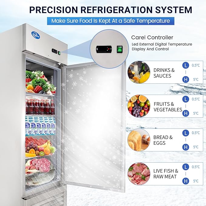 27" W Commercial Refrigerator, 23 Cu.ft Reach-in Stainless Steel Refrigerator, Single Door Upright Fan Cooling for Restaurant, Bar, Home, Shop, and Business(Equip 4 Shelves)