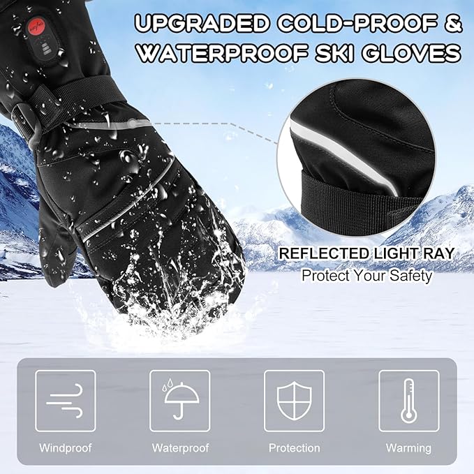 SNOW DEER Heated Mittens Gloves for Men and Women, 7.4V 2200MAH Electric Rechargeable Battery Ski for Winter Skiing Skating Snow Camping Hiking Heated Arthritis Hand Warmer Gloves