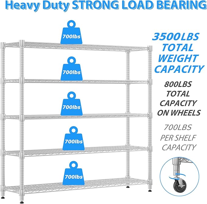 Homdox Heavy Duty Metal Shelves for Storage, 5 Tier Storage Racks and Shelving, Commercial Adjustable Wire Shelving Unit on Wheels, Garage Rack Pantry Shelves Kitchen Shelving, 18"x60"x82", Chrome