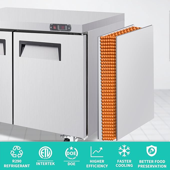 48" Commercial Double Door Worktop Refrigerator, 12.2 Cu.ft Stainless Steel Undercounter Prep Table Fridge, R290 Commercial Cooler with Casters