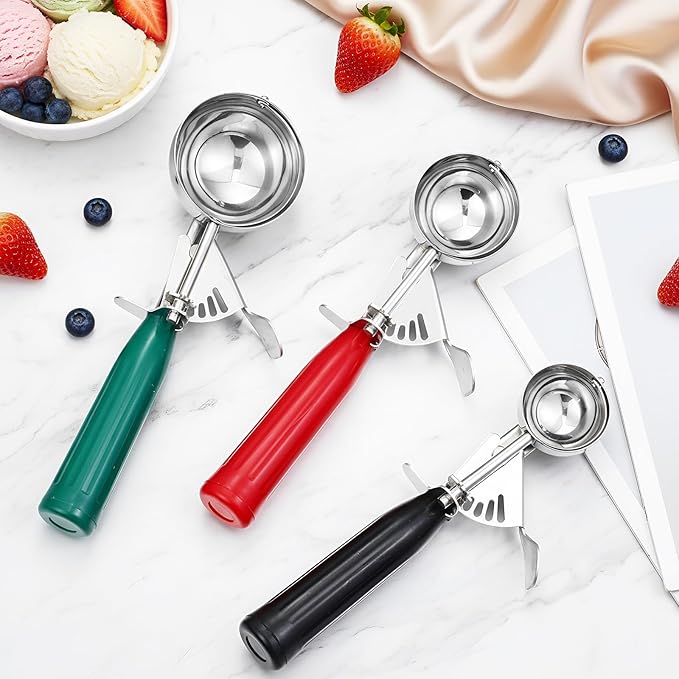 3 Pcs Release Cookie Scoops Ice Cream Scooper with Trigger Release Portion Scoop Stainless Steel for Portion Control, Baking Food, Cookie Dough (2.65 Oz+1.33 Oz+ 0.75 oz,Green,Red,Black)