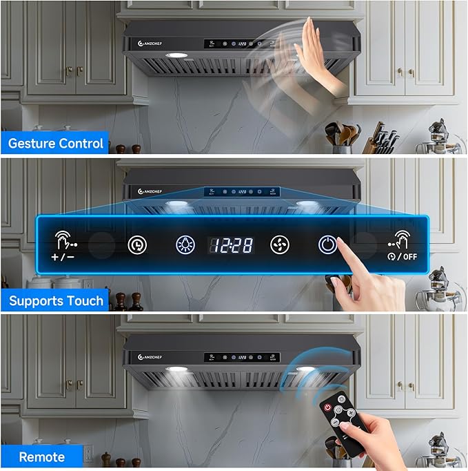 AMZCHEF Under Cabinet Range Hood 30 Inch, 750CFM Stainless Steel Kitchen Stove Vent Hood 3 Speed Exhaust Fan Touch/Remote/Gesture Control LED lights Time Setting Dishwasher-Safe Baffle Filters-Black