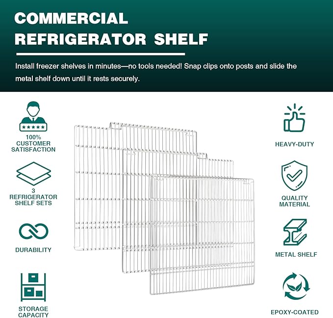 Commercial Freezer and Refrigerator Replacement Shelves for Three-Door Freezers, Set of 3, Epoxy-Coated Gray Steel Wire Shelves
