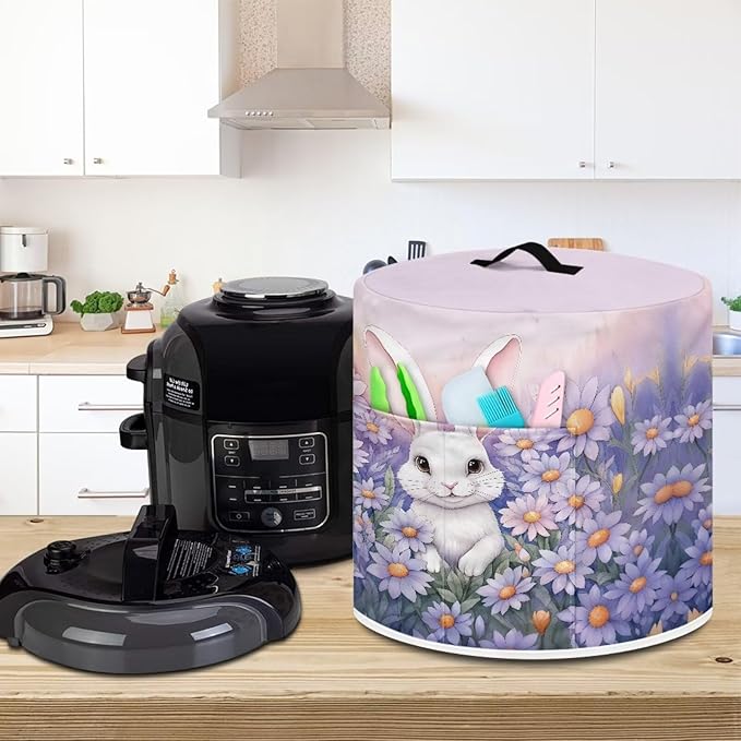 Pressure Cooker Cover for 3 Quart Air Fryer, Stain Resistant Washable Round Protective Electric Appliance Cover Kitchen Easter Decoration, Bunny Purple Flower