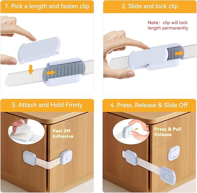 Child Safety Cabinet Locks(10 Pack)–Adjustable Baby Proofing Strap Latches for Drawers,Cupboard,Cabinets,Fridge,Toilet Seat,Door,Closet–No Drill No Tool Adhesive Installation