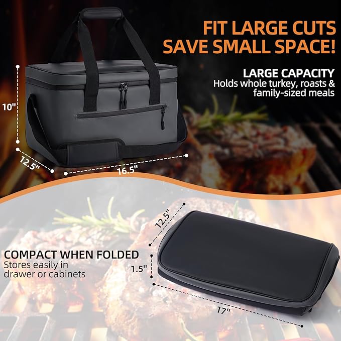 BBQ Blanket for Resting Meat, Portable Leak-Proof Meat Resting Bag, 5mm Thick Cotton Padding for Insulation, Dual-Use as Grilling Accessories & Cooler Bag, Gift for BBQ Enthusiasts
