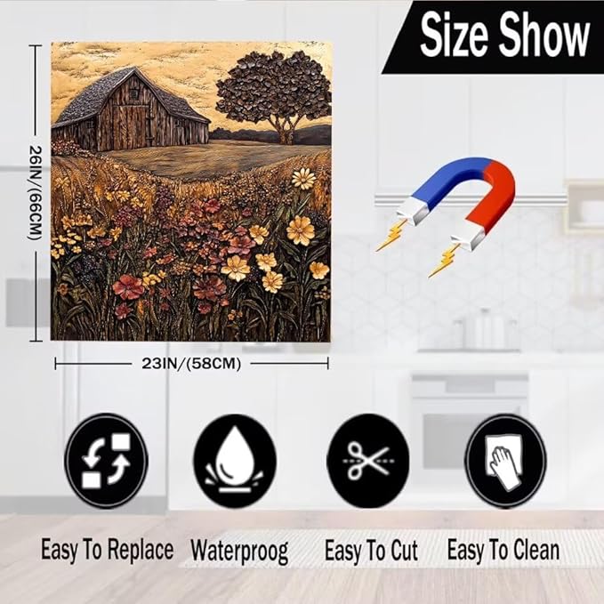Farmhouse Barn Scene Flowers Magnetic Dishwasher Cover Vinyl Sticker,Vintage Wooden Floral Dishwasher Magnet Cover,Rustic Fridge Door Cover Magnets Art Skin Panel Decal for Home Decor, 23"X26"