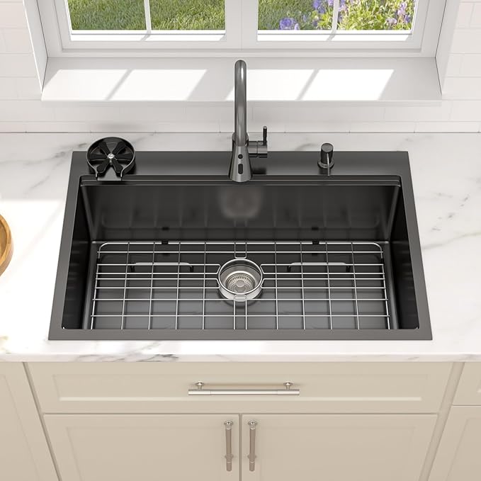 Dcolora 33 In. Black Kitchen Sink with Cup Washer, Large Single Bowl Drop In Installation, Heavy Duty 16 Gauge 304 Stainless Steel, Workstation with Valued Accessories, #DC-T2533001BWS 33"x22"x10"