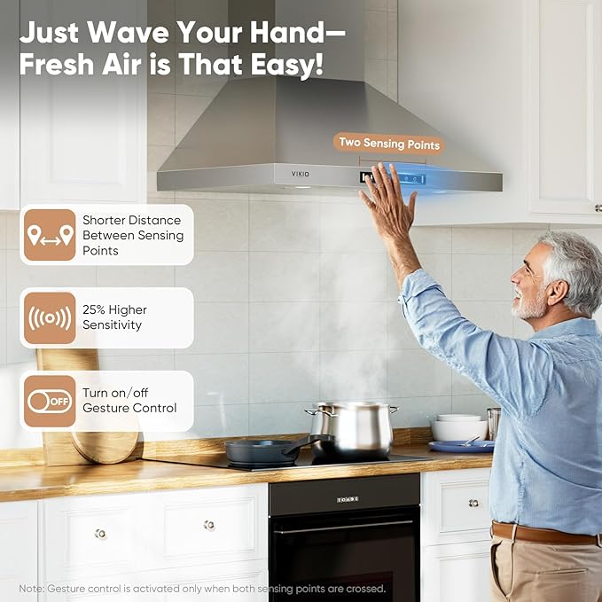 Wall Mount 30 Inch Range Hood 900 CFM,3-speed Gesture Sensing & Touch Control, Ductless/Ducted Convertible Kitchen Hood, Stainless Steel Kitchen Vent Hood with Permanent Baffle Filters